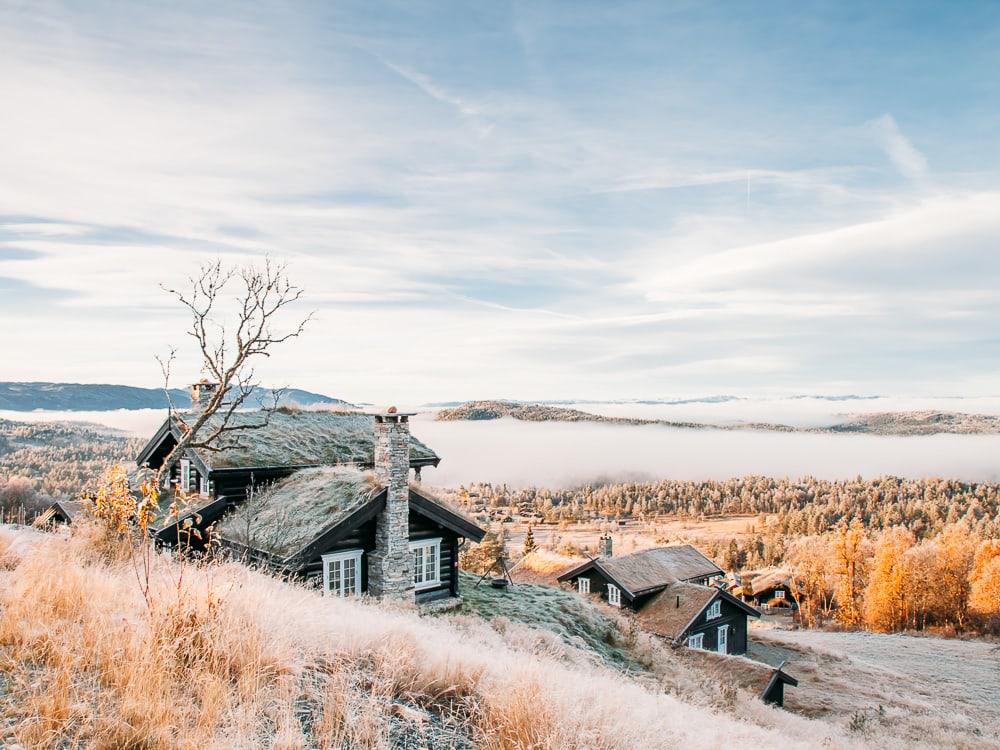 cabin rauland telemark in autumn with clouds and frost